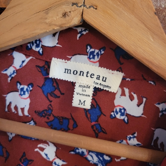 Monteau Dog Print Tie Front Button Down Blouse size M - Picture 3 of 3